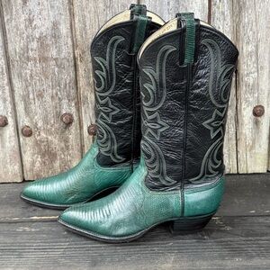 Vintage Larry Mahan Exotic Leather Rare Green w/Black Women's Cowboy Boots